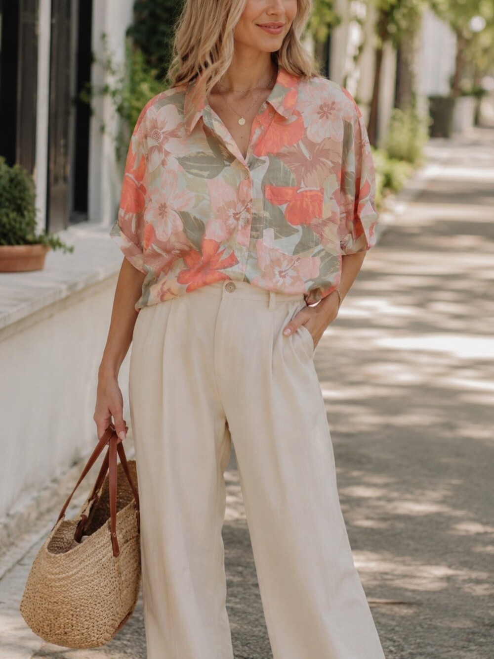Aerie Cotton Blend Coral Floral Button Down Shirt Boxy Relaxed Tropical Top